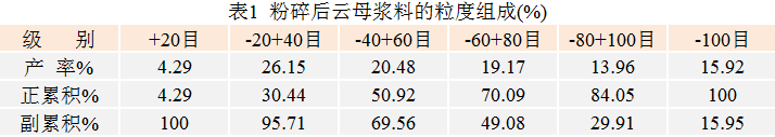 粉碎后云母漿料的粒度組成(%)