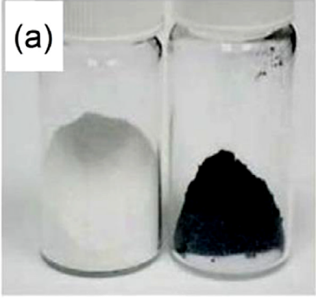 圖1 白色TiO2和氫化法制備的黑色TiO2