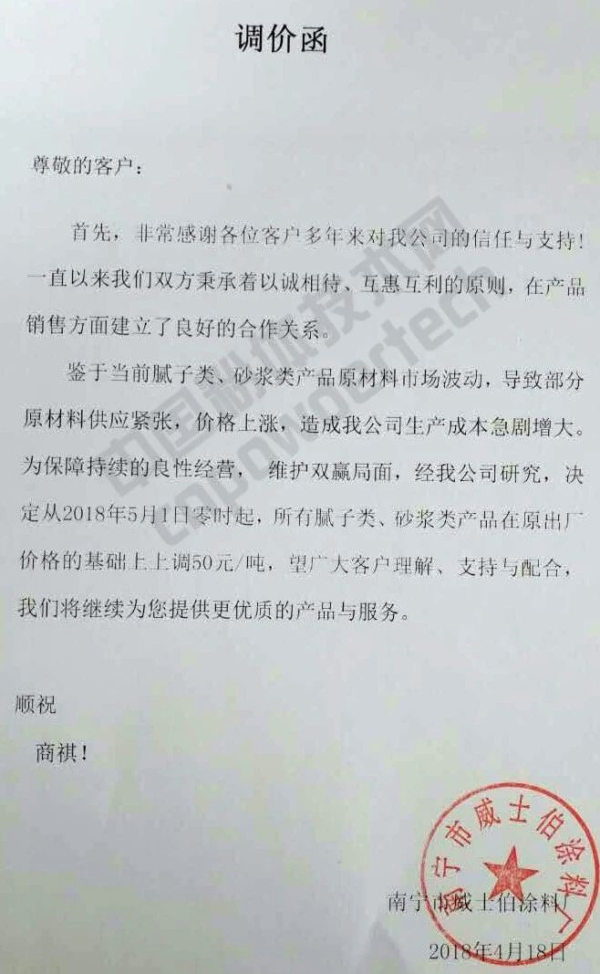 漲漲漲！廣西100多家涂料企業集體上調膩子、砂漿類價格！